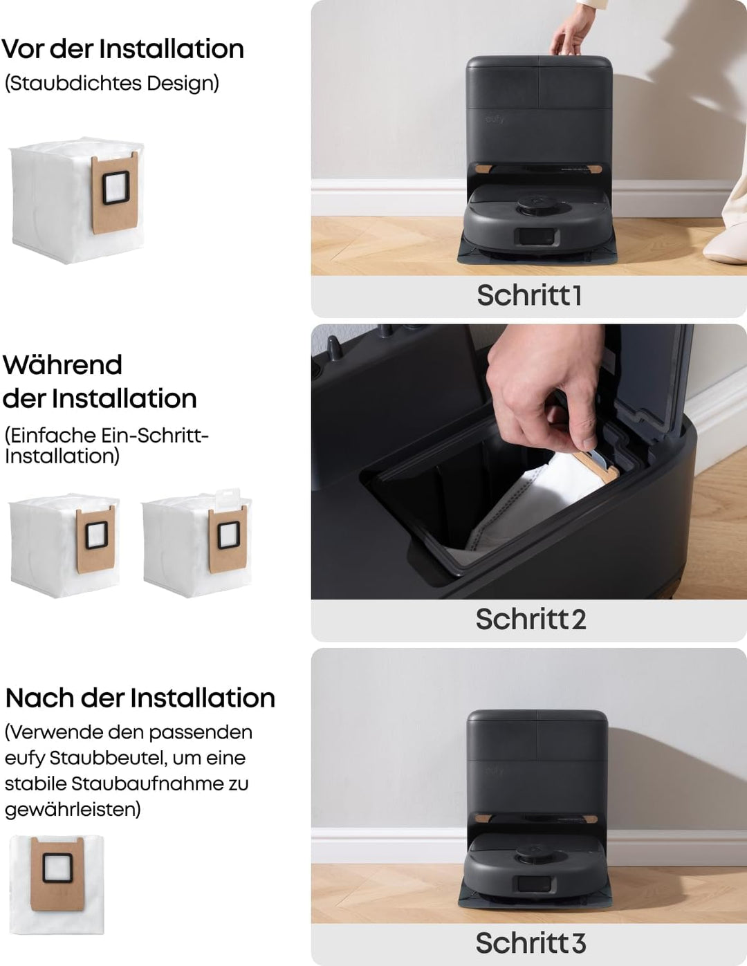 eufy Staubbeutel, 3er-Pack, 3L, auslaufsicher, effektive Filterung, sicher, kompatibel mit E25 und E