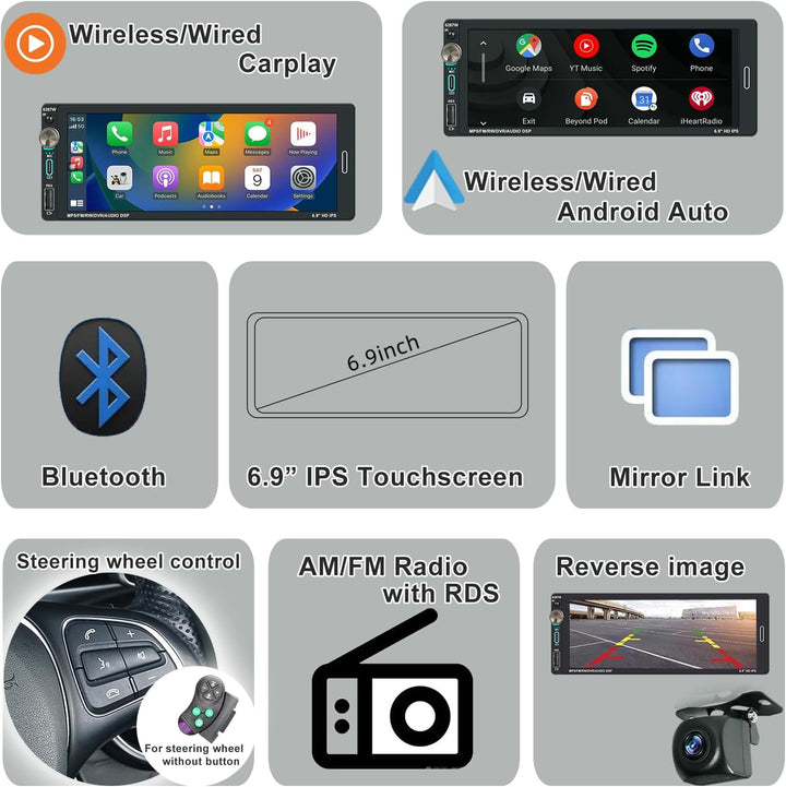 Autoradio 1Din mit Bildschirm (6,9") Kompatibel mit Apple CarPlay [Wireless] Android Auto Bluetooth