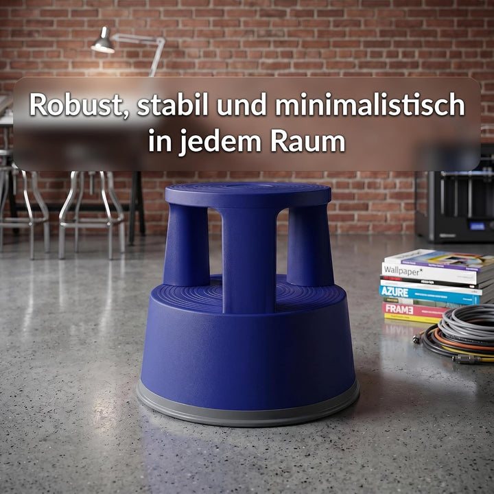 Office Marshal Rollhocker Kunststoff Elefantenfuss blau, Rutschfester Tritthocker mit Rollen, mobile
