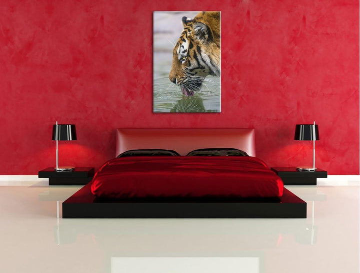 Pixxprint Tiger am Wasserloch auf Leinwand, XXL riesige Bilder fertig gerahmt mit Keilrahmen, Kunstd