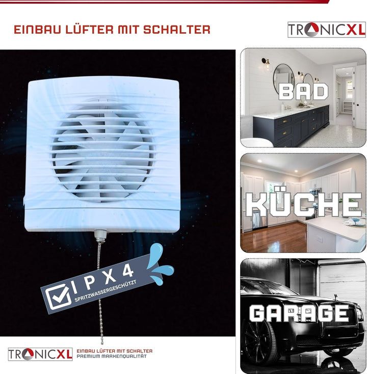 TronicXL 230V Badlüfter mit Kabel Schalter und Stecker IPX4 100mm Abluft/Zuluft Lüfter Ventilator mi