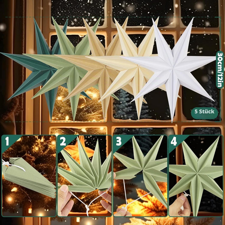 EASY JOY 5er Set Papiersterne 30cm Salbeigrün Faltstern Weihnachten Dekoration Dunkelgrün 9 Zacken W