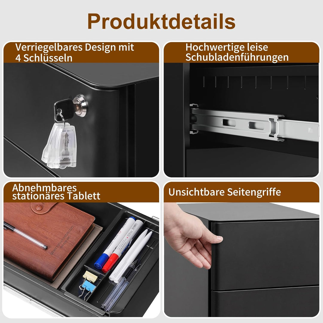 Rollcontainer, Mobiler Aktenschrank mit Schloss, Abgerundeten Ecken, 4 Schlüssel, 3 Schubladen, Druc