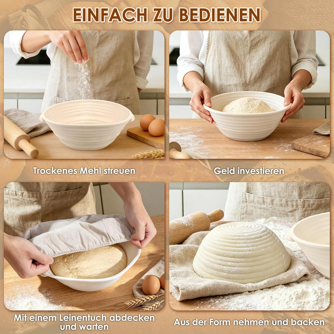 Gärkörbchen Rund, 23cm Gärkorb Set Silikon Proofing Basket Brotkörbchen Brotform mit Leinen, Schaber