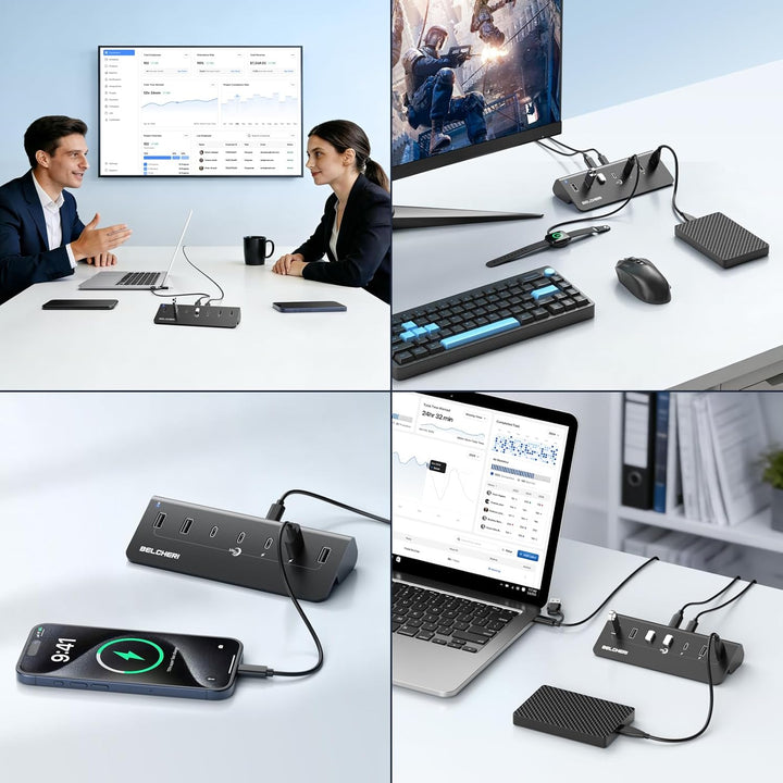 7 Port USB C Hub mit Netzteil, USB 3.2 Gen 2, 10Gbit/s Schneller Datenhub, Vollaluminium-Verlängerun