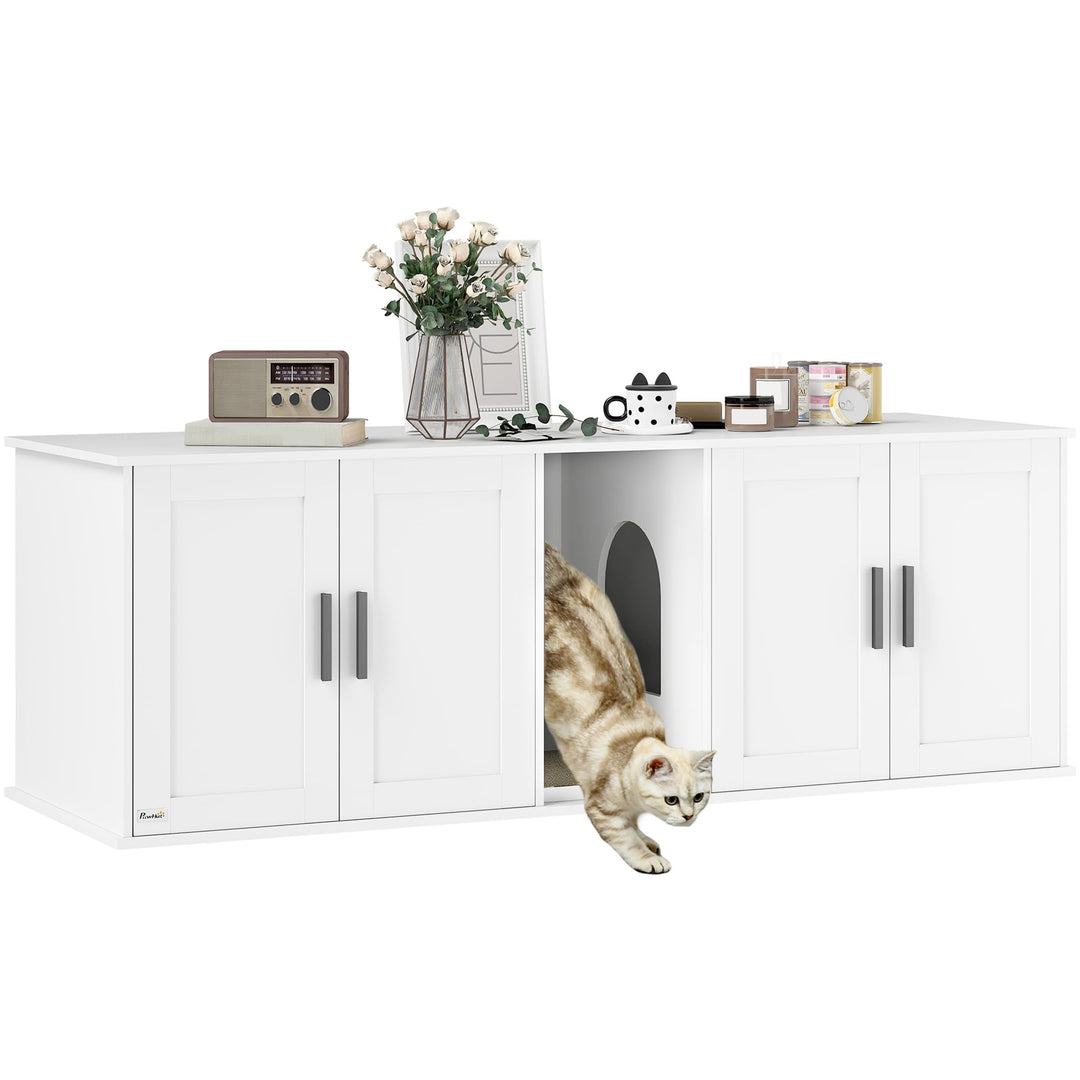 PawHut Katzenklo-Schrank 3 in 1 für Grosse Katzen 145 x 49 x 51 cm Weiss | Katzenschrank, Versteckte