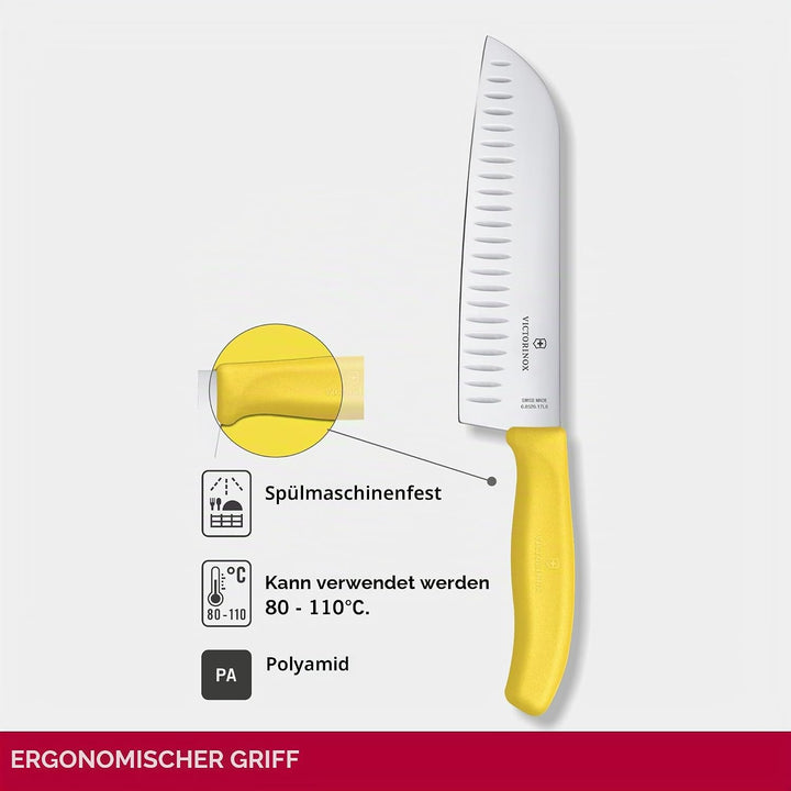 SwissClassic, Santokumesser, Kullenschliff, 17 cm, gelb, Blister Gelb Blister-Verpackung, Gelb|Blist