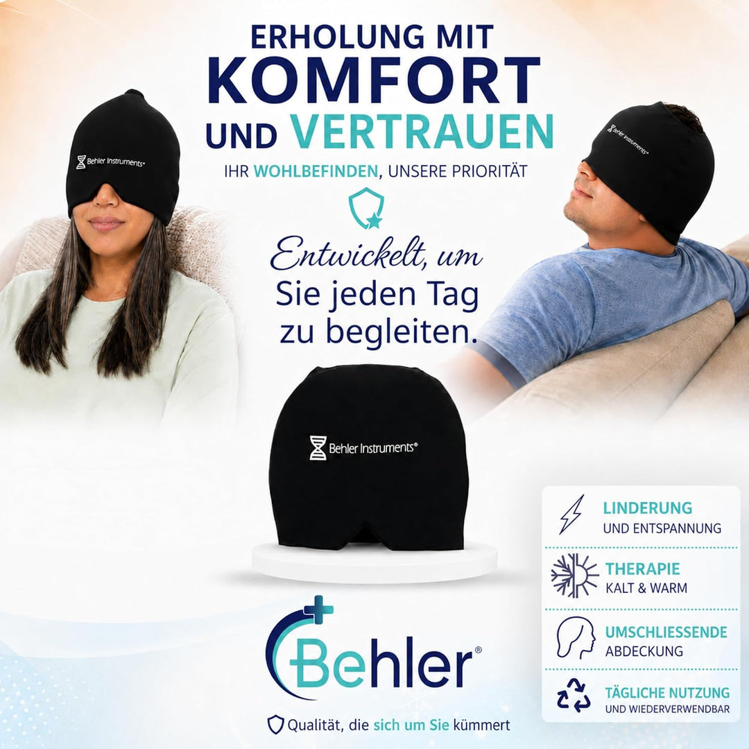 Gel Kühlmütze Migräne Maske (20 x 19 cm) - Kalt/Warm Therapie zur Linderung von Kopfschmerzen - Bequ