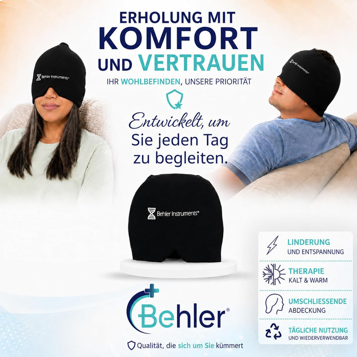 Gel Kühlmütze Migräne Maske (20 x 19 cm) - Kalt/Warm Therapie zur Linderung von Kopfschmerzen - Bequ