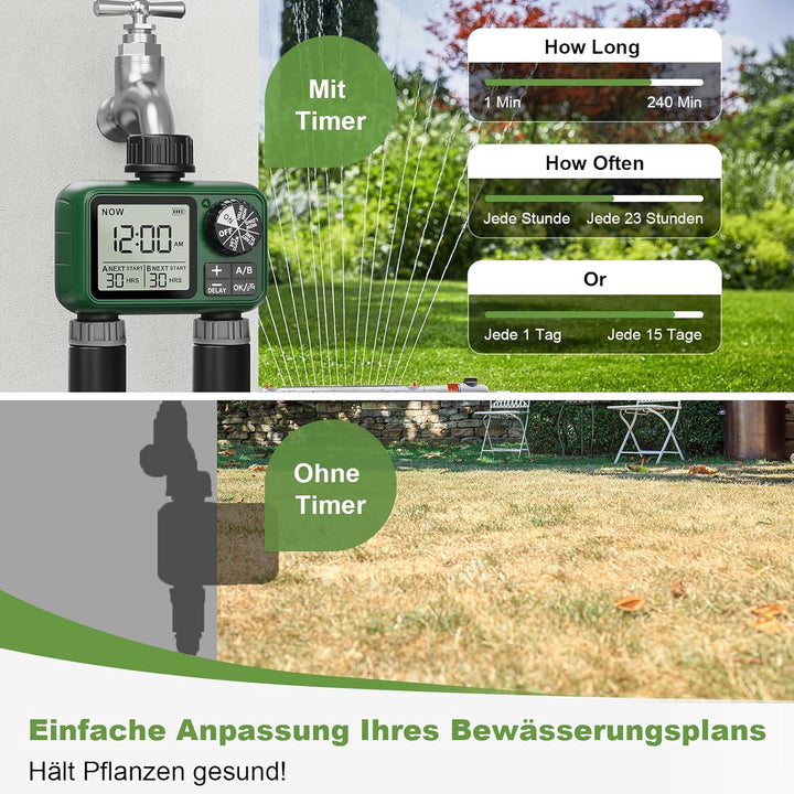 Bewässerungscomputer 2 Ausgänge, Grosses LCD-Display Bewässerungsuhr, Automatische Bewässerung Zeits