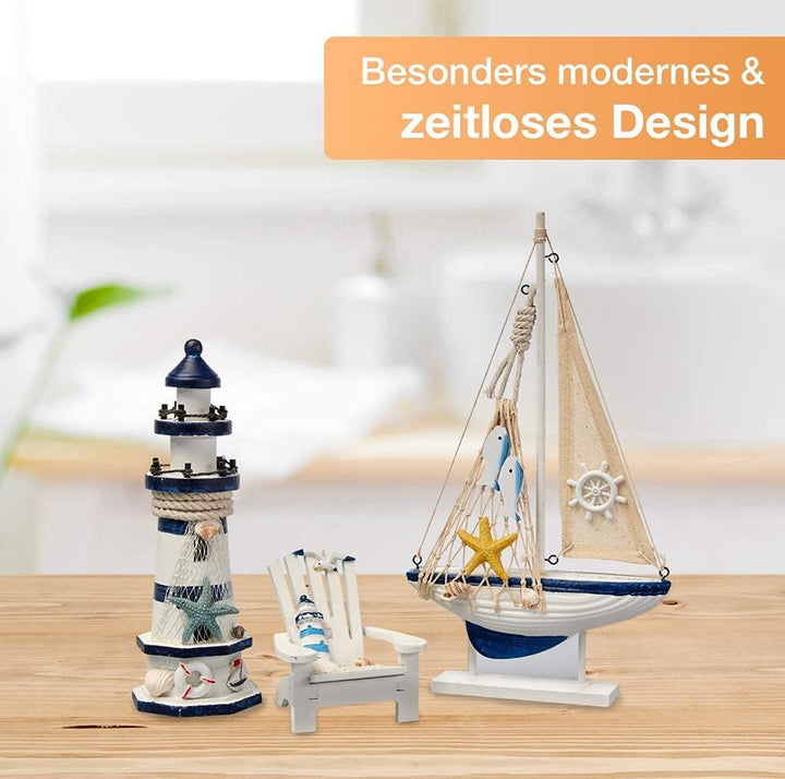 Flanacom Badezimmer Deko - 3er Set - Maritime Badezimmer Deko - Leuchtturm, Segel-Schiff und Strand-