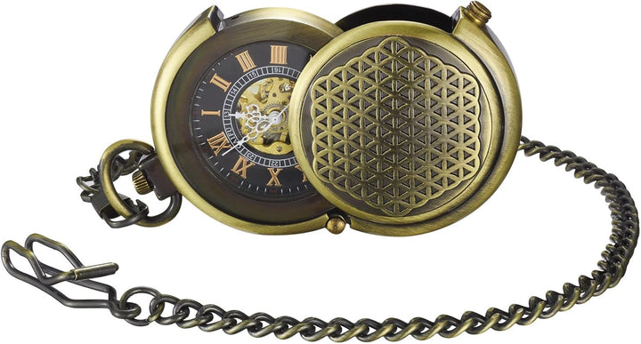 TREEWETO Unisex Taschenuhr mit Kette Analog Handaufzug Pull-Sonderform Gross Hohl Fall Bronze, Bronz