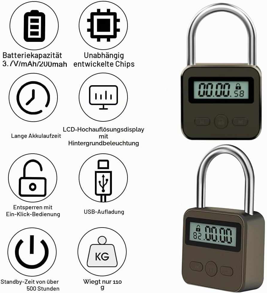 Aoreun Digitale Zeitschloss, Smart Time Lock mit LCD-Display, Wiederaufladbares USB Sicherheits Vorh