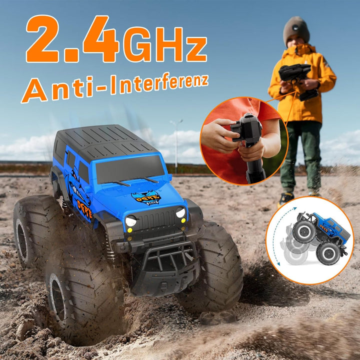 Gindoly 2,4 GHz Ferngesteuertes Spielzeugauto Monstertruck, 4WD 15+ km/h Hobby Offroad RC Auto, Wass