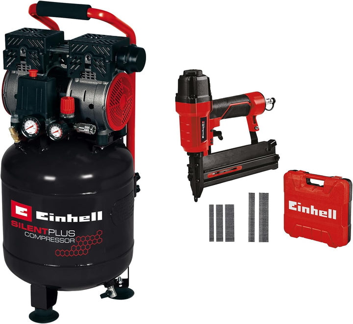 Einhell 4020610 TE-AC 24 Silent Kompressor + 4137790 TC-PN 50 Druckluft-Tacker (Pneumatic), rot, sch