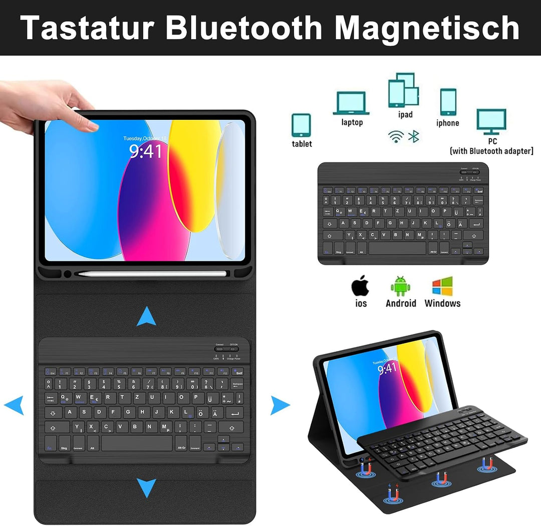 WINCHKING Tastatur Hülle für iPad A16 11th/10th Generation (11"/10.9") | Abnehmbar Hülle mit Stiftha