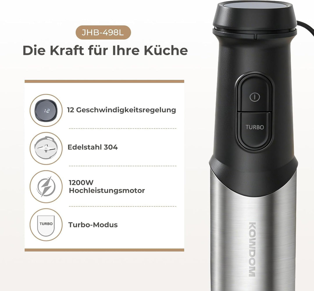 Stabmixer Set 1200W mit 12 Geschwindigkeiten & Turbofunktion – Edelstahl Pürierstab für Suppen, Soss