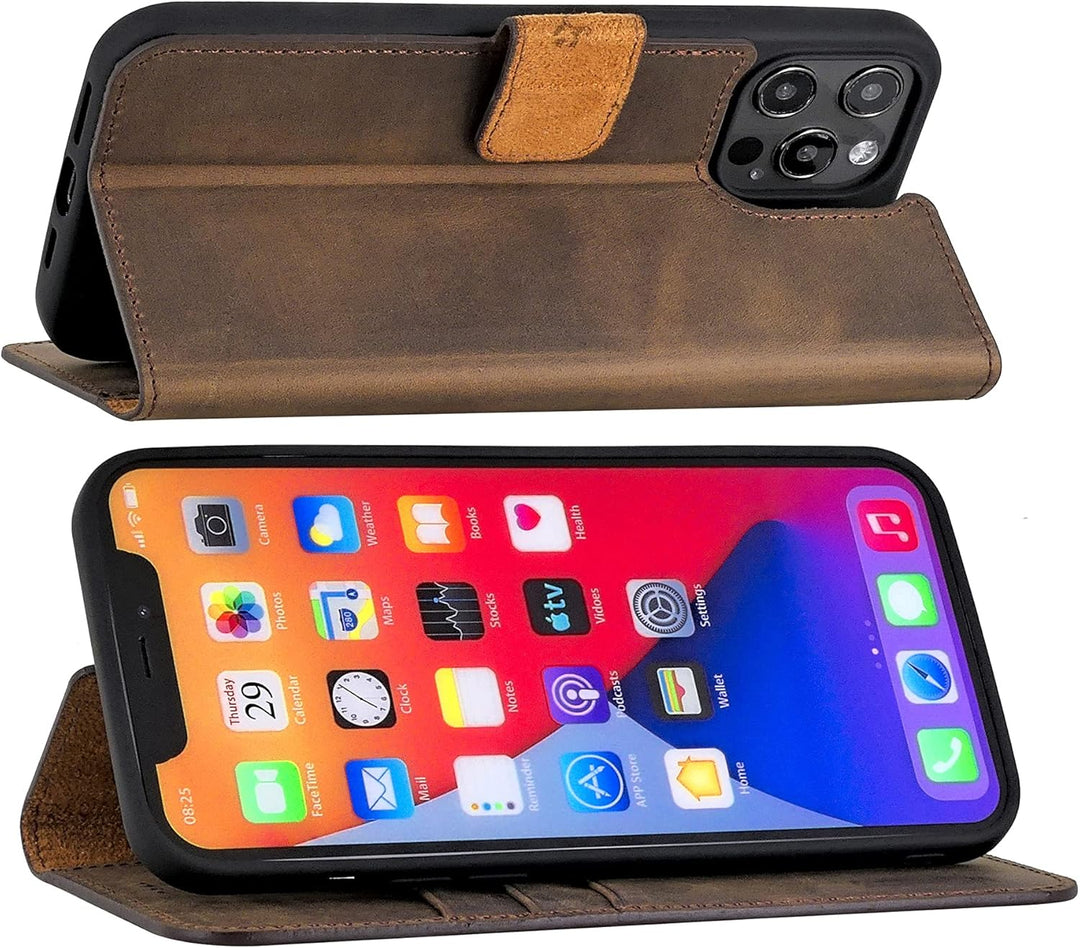 Suncase Book-Style Hülle kompatibel mit iPhone 14 Plus (6.7") Leder Tasche (Slim-Fit) Lederhülle Han