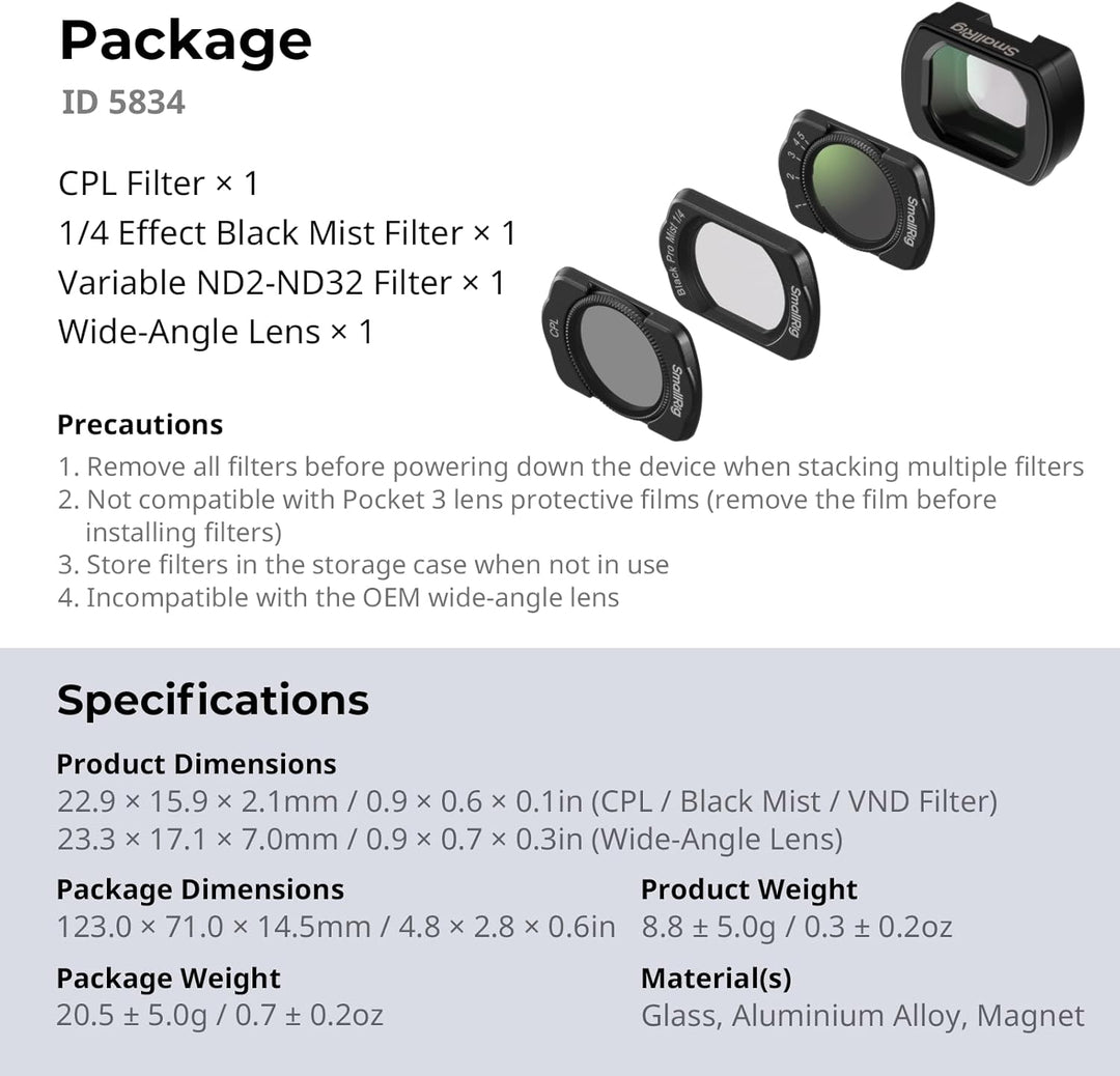 SMALLRIG Magnetisches Weitwinkelobjektiv- & ND- & CPL- & Effektfilter-Set für DJI Osmo Pocket 4/3, 4