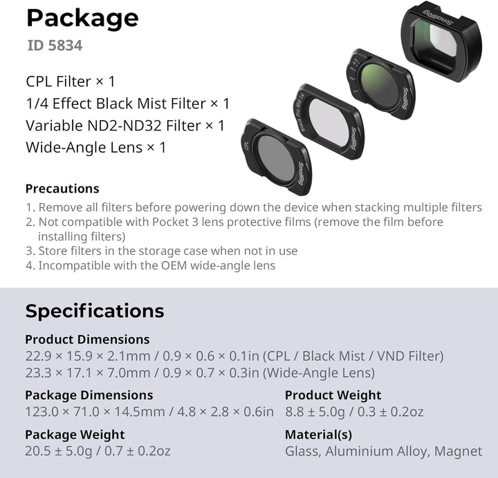 SMALLRIG Magnetisches Weitwinkelobjektiv- & ND- & CPL- & Effektfilter-Set für DJI Osmo Pocket 4/3, 4