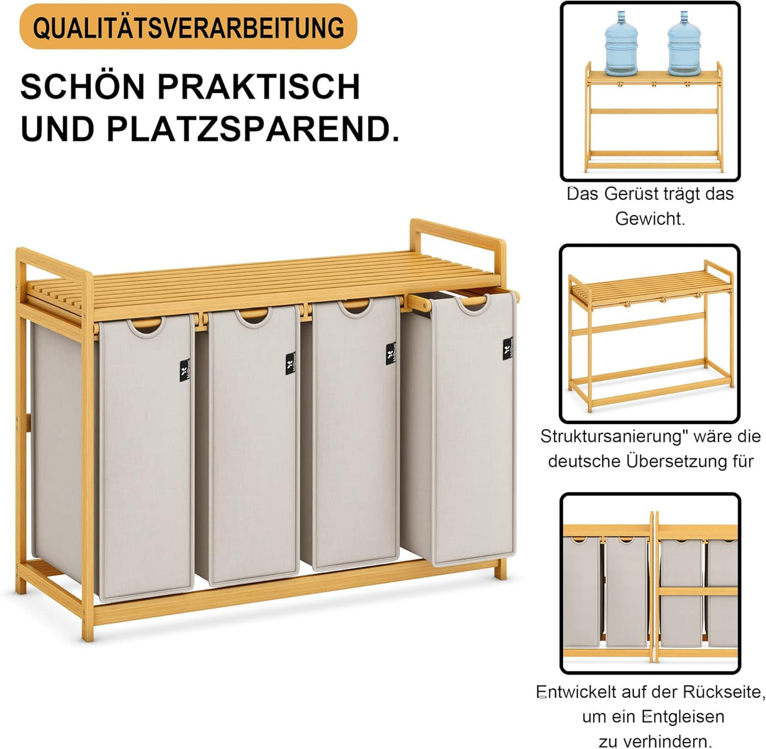 AdelDream Wäschekorb 200L, 4 Fächer Wäschesammler mit Ablage, Bambusrahmen | Wäschesortierer mit 4 x