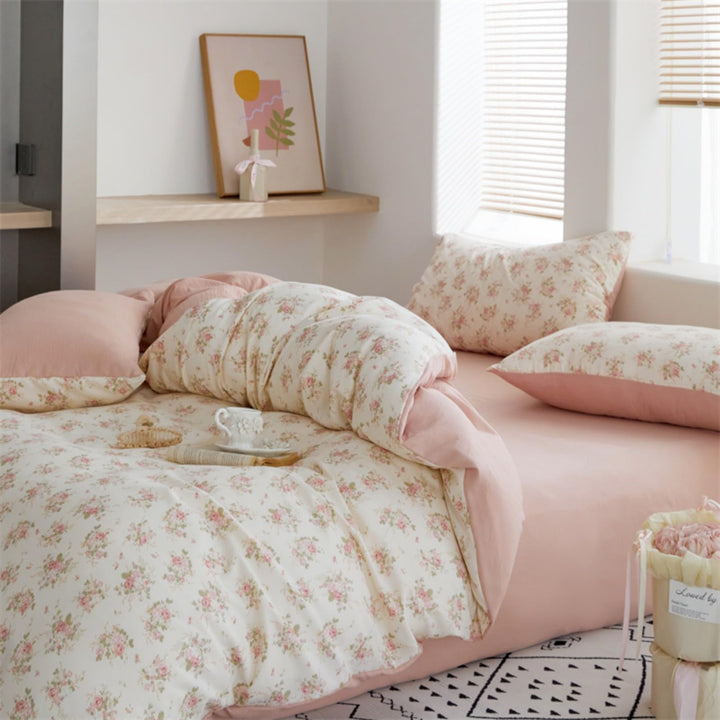 Freyamy Blumen Bettwäsche 135x200cm 2teilig Beige Rosa Grün Floral Mädchen Bettwaren-Sets Microfaser