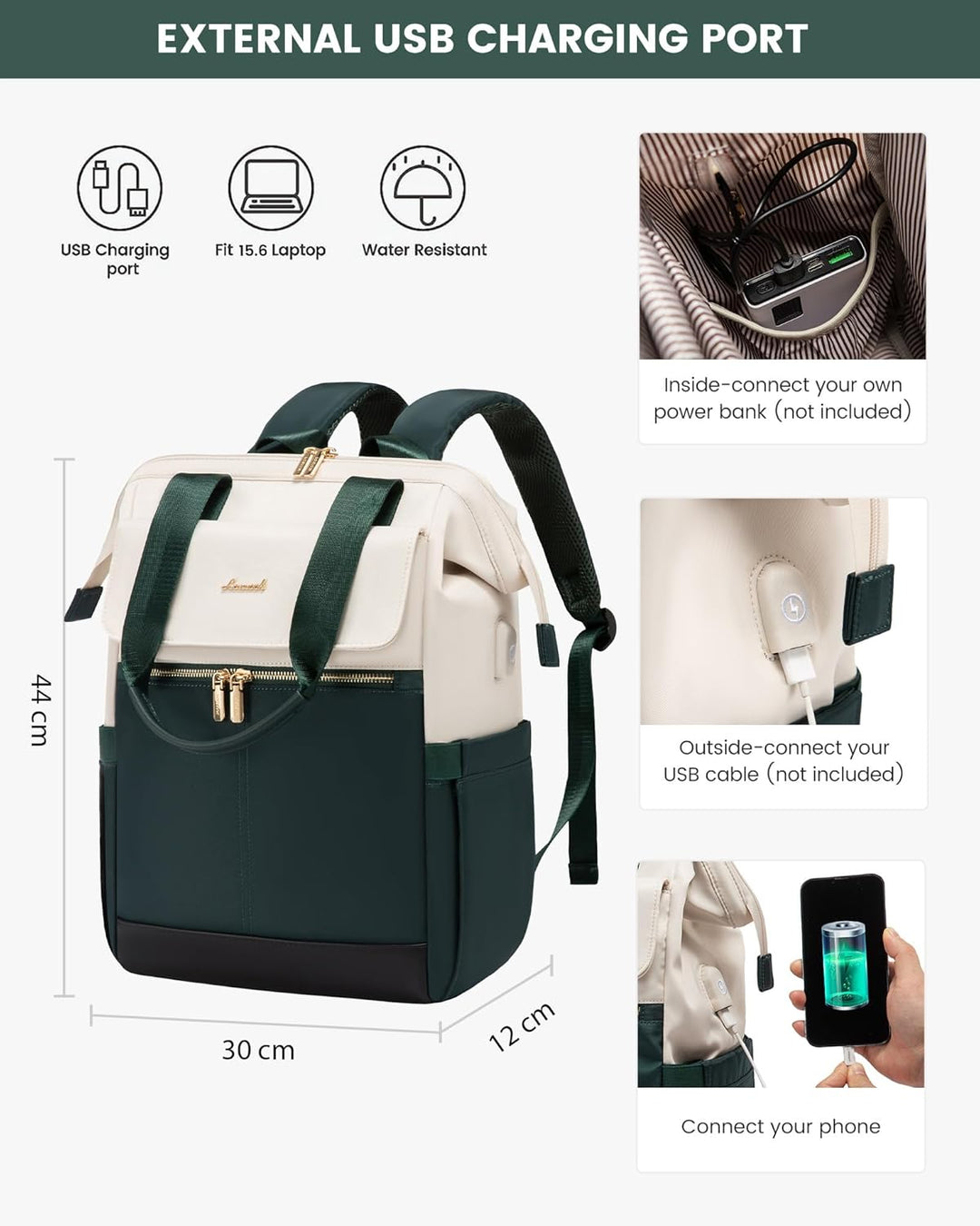 LOVEVOOK Rucksack Damen Grün, 15,6 Zoll Laptop Backpack, Tagesrucksäcke Handtasche 2 in 1, Arbeitsta