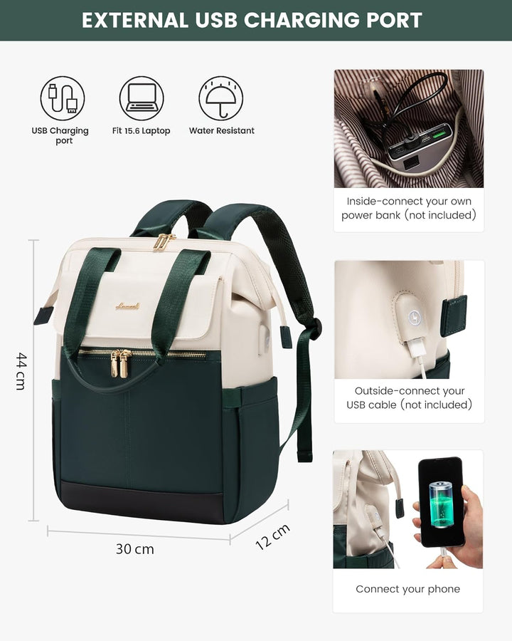 LOVEVOOK Rucksack Damen Grün, 15,6 Zoll Laptop Backpack, Tagesrucksäcke Handtasche 2 in 1, Arbeitsta