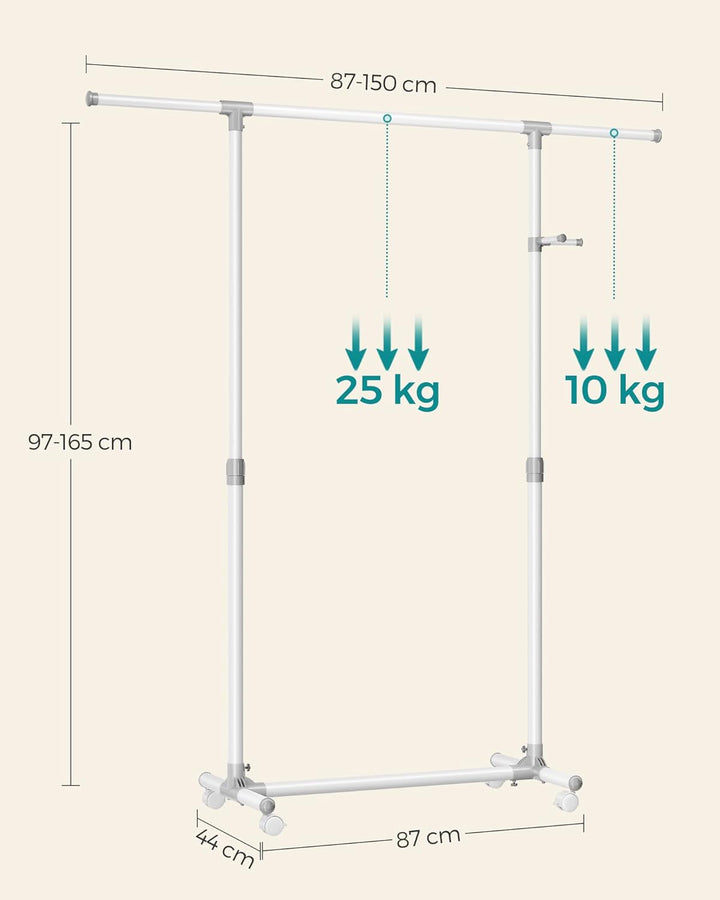 SONGMICS Kleiderständer auf Rollen, Kleiderstange, höhenverstellbar zwischen 97 und 165 cm, ausziehb