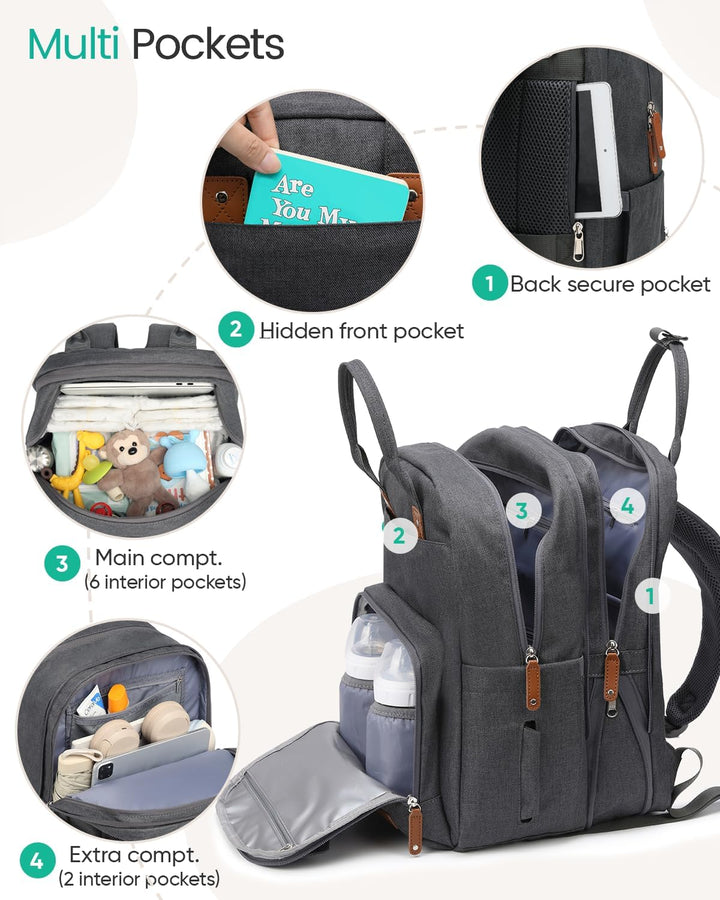 Grosser Diaper Bag Backpack - 23 Taschen, Erweitbar, 31 Liter, Grau, Einfarbig, Polyester, Minimalis