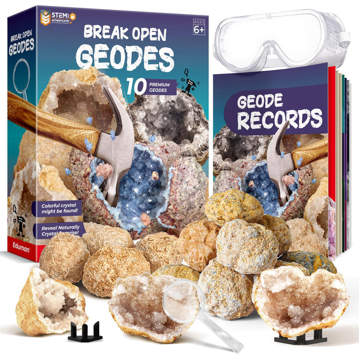 EDUMAN Geoden Zum Aufbrechen für Kinder, Natur Geoden Set in Gross und Klein, Inklusive Schutzbrille