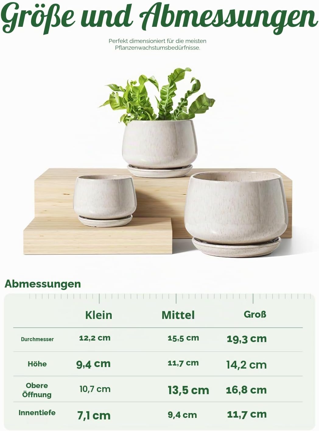 LE TAUCI Blumentöpfe 4,1+5,1+16,5 cm 3er Set Keramik Pflanzgefässe mit Ablaufloch und Untersetzer, I