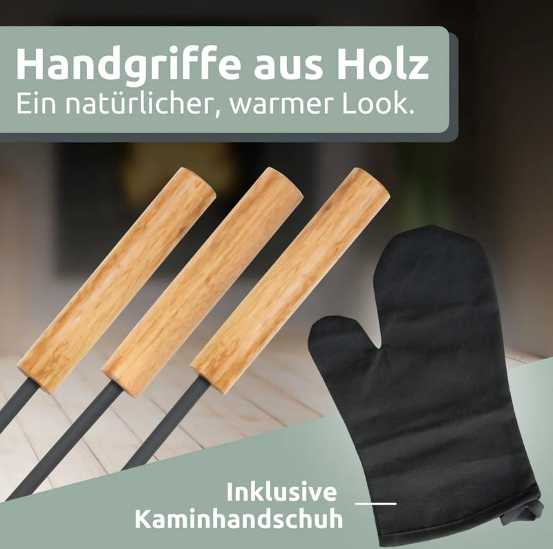 Kaminbesteck 5-tlg. Grauschwarz mit Holzgriff inkl. Ofenhandschuh I Kaminset Kamingarnitur Anthrazit