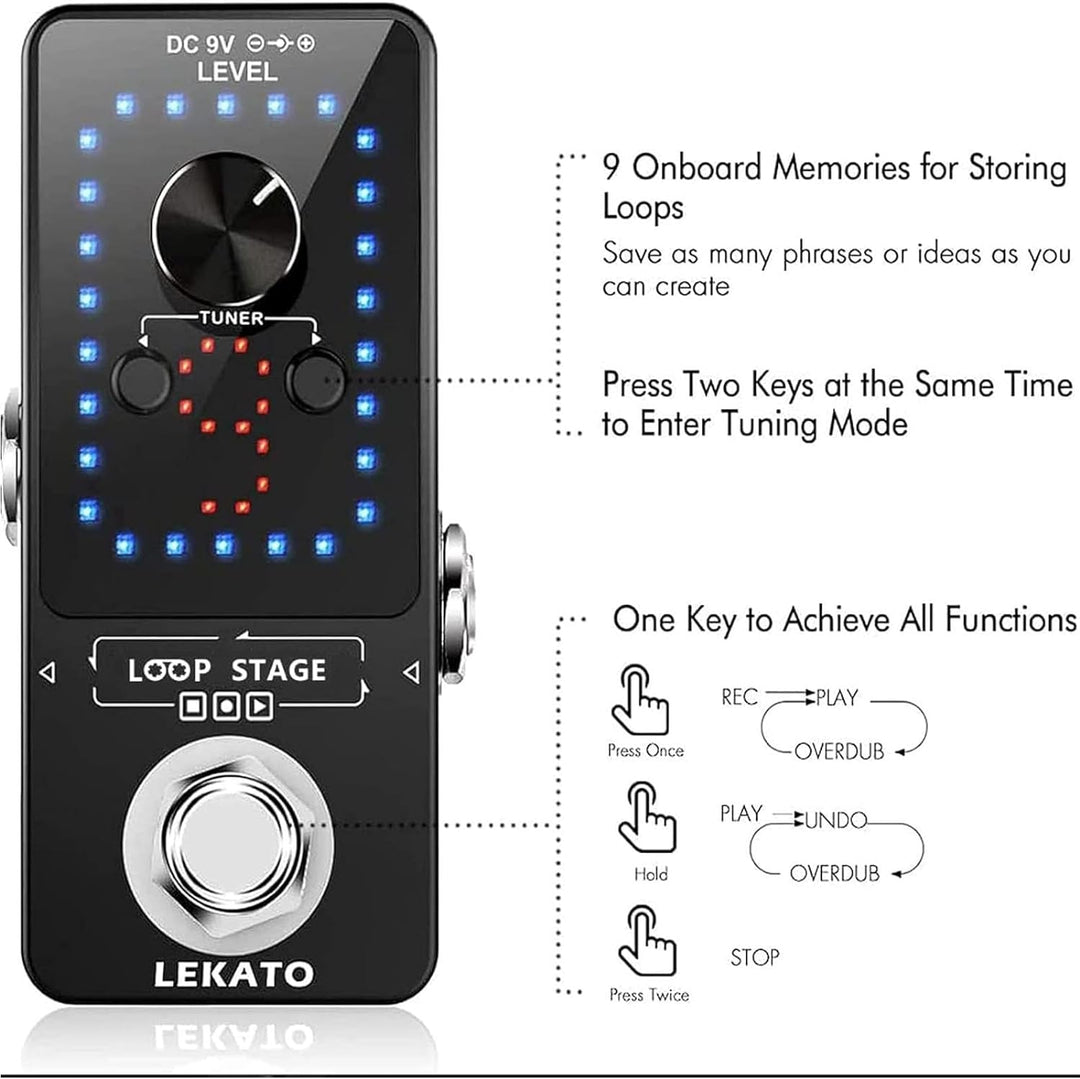 LEKATO Gitarre Loop Effektpedal mit 9 Schnallen Integrierte Stimmgerät Loop Station Max 40 Minuten A