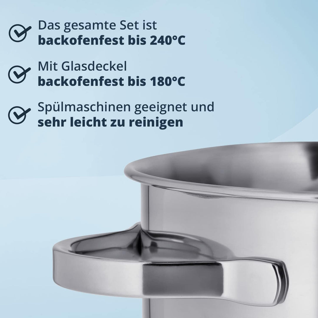 KHG Topfset 3 teilig Induktionstöpfe Edelstahl Rostfrei - 16 cm 20 cm 24 cm mit Ausguss Innenskalier
