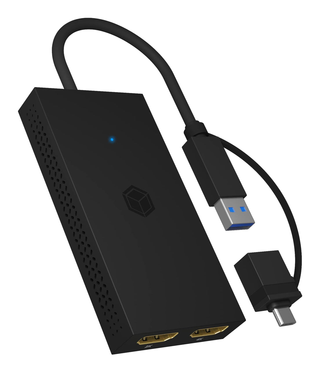 ICY BOX USB zu Dual HDMI Splitter (2K 60Hz / 4K 30Hz), USB-A & USB-C zu 2X HDMI, Unterstützt Windows
