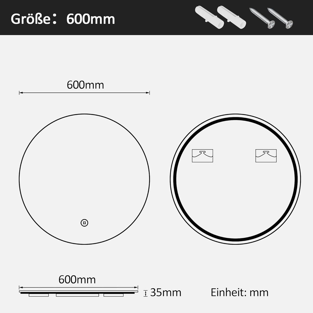 Boromal LED Badspiegel rund mit Beleuchtung 60cm LED Spiegel mit 3 Lichtfarben Dimmbar Touchschalter
