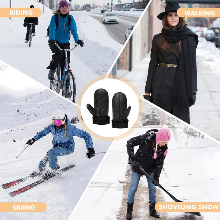 MGGMOKAY Damen Lammfell Shearling Fäustlinge Warme Winter Lederhandschuhe XS Schwarz, XS Schwarz