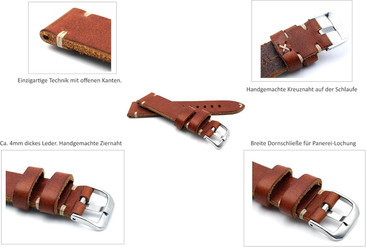 22mm RIOS1931 Handarbeit Deutsch Vintage Lederband Weisse Naht braun