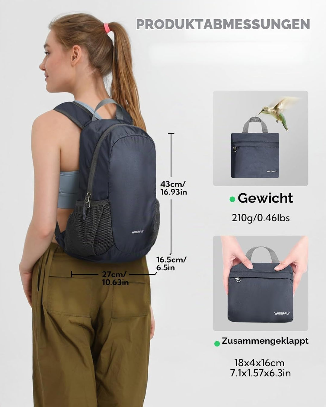 WATERFLY Ultraleicht Rucksack Faltbar 18L: Klein Packable Wanderrucksack Leicht Dünner Tagesrucksack