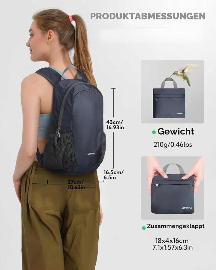 WATERFLY Ultraleicht Rucksack Faltbar 18L: Klein Packable Wanderrucksack Leicht Dünner Tagesrucksack