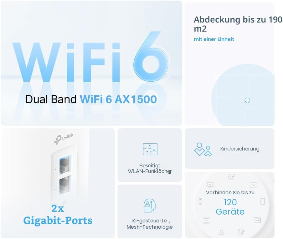 TP-Link Deco X10 Mesh WLAN Set (1 Pack), Wi-Fi 6 AX1500 Dual Band Repeater & Router, 2X Gigabit Port