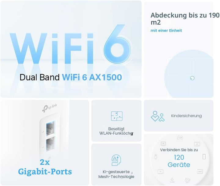 TP-Link Deco X10 Mesh WLAN Set (1 Pack), Wi-Fi 6 AX1500 Dual Band Repeater & Router, 2X Gigabit Port