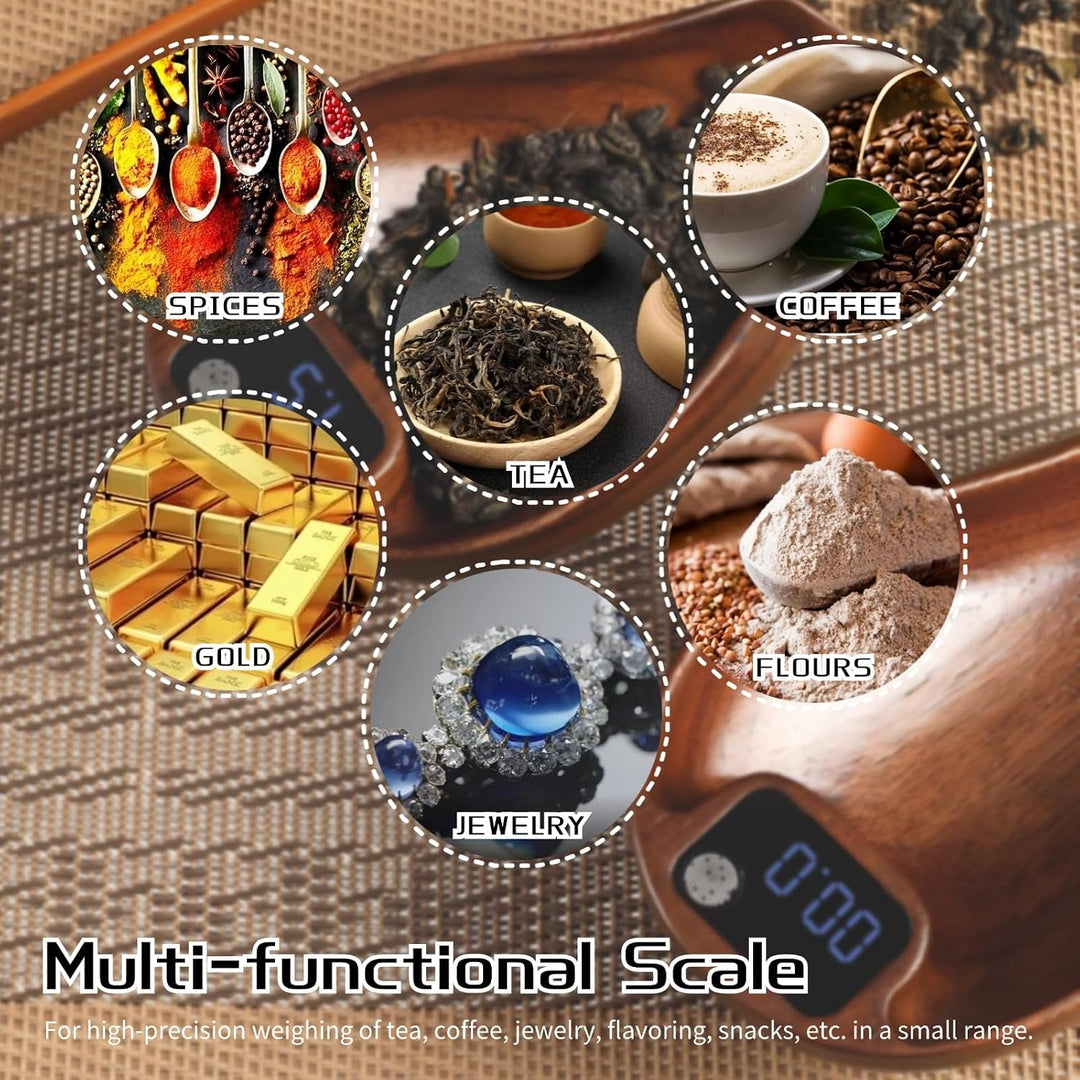 Mini-Kaffeewaage mit Timer, 200 G/0,1 G Genaue Teewaage aus Holz, Hochpräzise Wiederaufladbare Küche