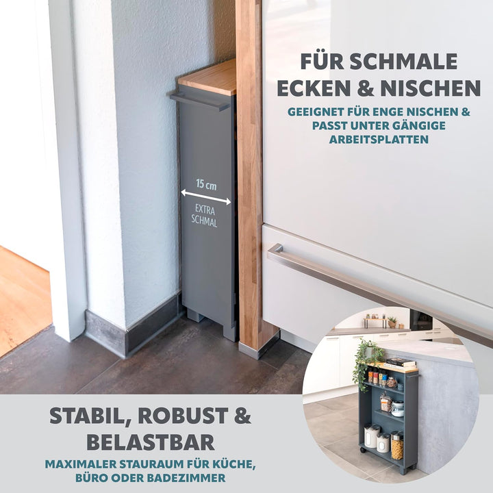 eluno Bad-Rollwagen, Nischenwagen, Küchenwagen, Bad-Organizer mit 3 Ebenen (Holz-Grau), Holz-Grau