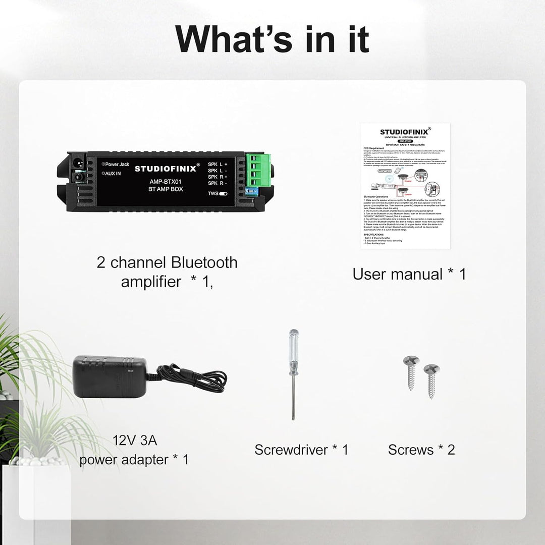 STUODIOFINIX 2-Kanal Mini Bluetooth Verstärker für passive Lautsprecher mit TWS, AUX, Ersatzteil, pa