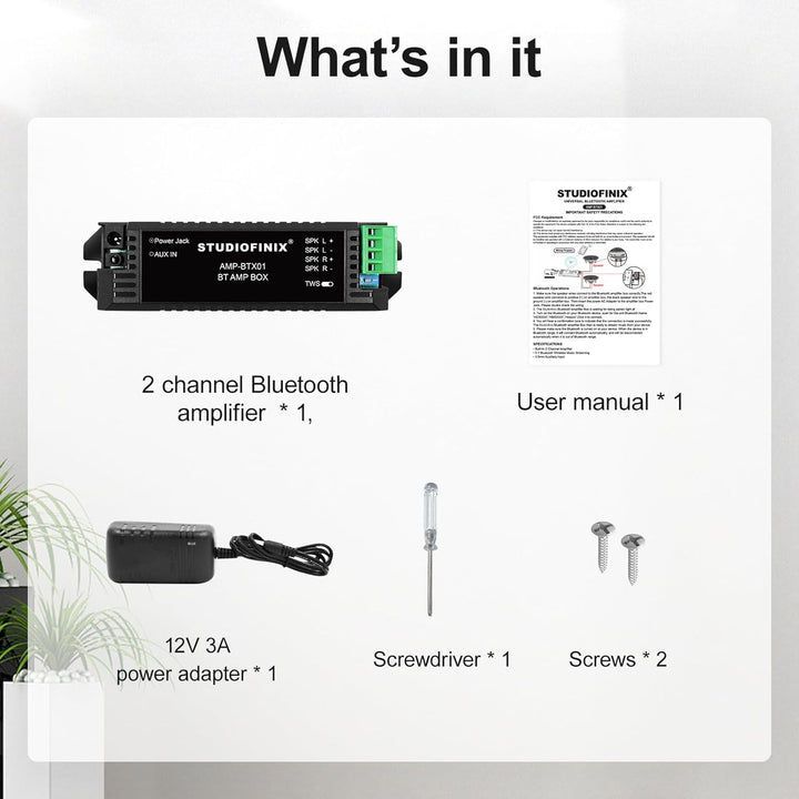 STUODIOFINIX 2-Kanal Mini Bluetooth Verstärker für passive Lautsprecher mit TWS, AUX, Ersatzteil, pa