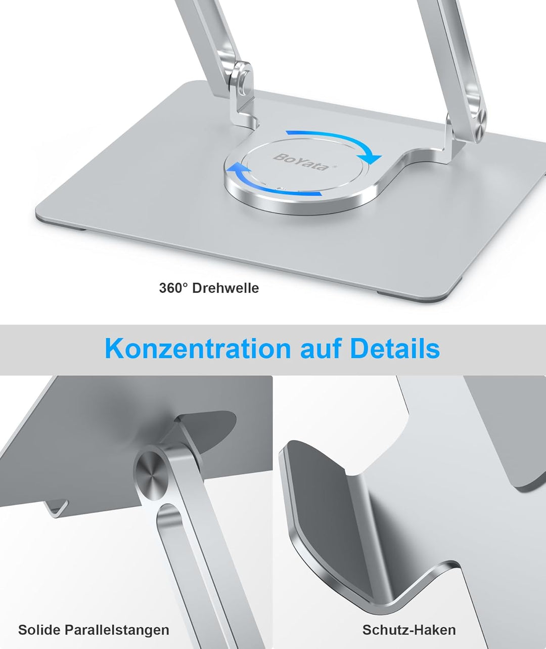 BoYata Laptopständer für Schreibtisch, Verstellbarer Computerständer mit 360° Drehbarer Basis, Ergon