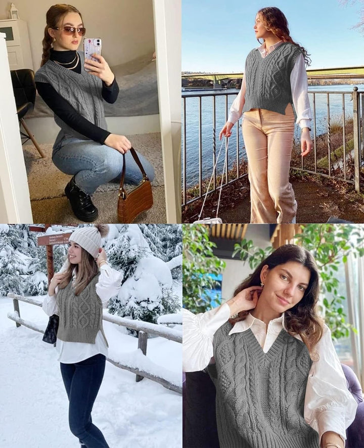 Tongmingyun Pullunder Damen Ärmellos V-Ausschnitt Strick Pullover Basic Strickweste Einfarbig Tank T