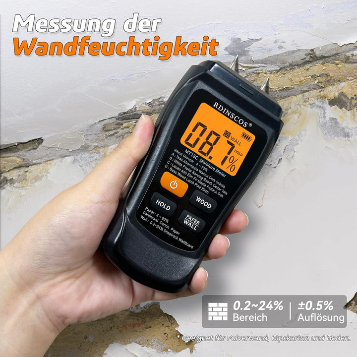 Feuchtigkeitsmessgerät Pin-Typ Holzfeuchtemessgerät Feuchtemessgerät Mauerwerk mit Farb-LCD-Display